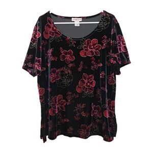 Notations Woman Soft Velvet Top Sparkle Floral Pattern Size Plus 1X Short Sleeve